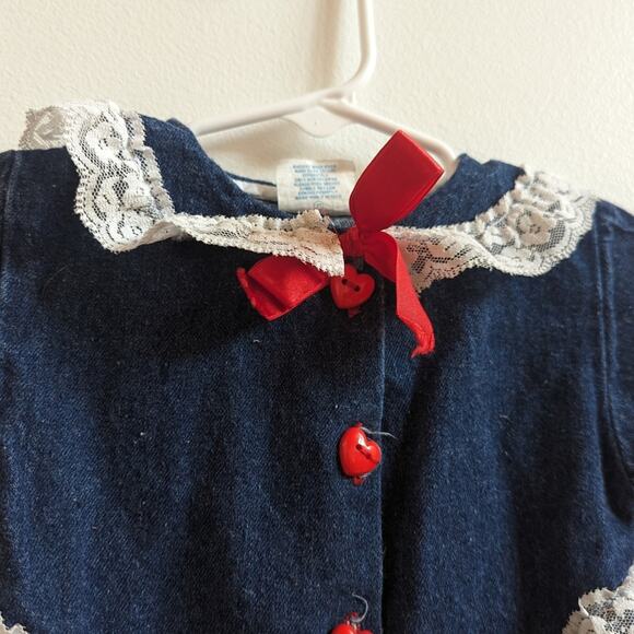Vtg 90s Hopscotch Jumpsuit Baby Girls Sz 12m Denim Bows Romper - Picture 2 of 6